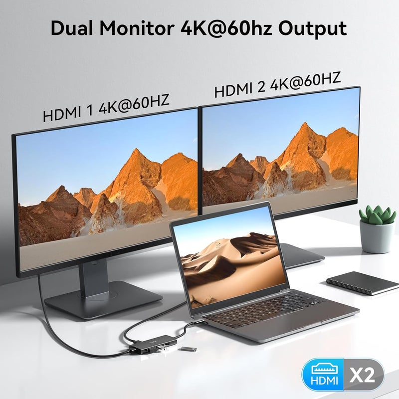 HOdo Docking Station USB C to Dual HDMI Adapter, USB-C Hub with 2 Monitors for Laptop, Dongle Adapter with Dual HDMI 4K@60 Hz, 3 USB Port,PD Compatible for Dell XPS 13/15, etc (Black) - Image 3